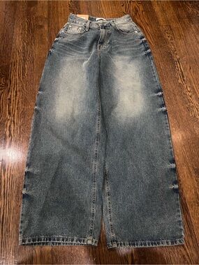 Wide Leg Vintage-Style Washed Blue Jeans